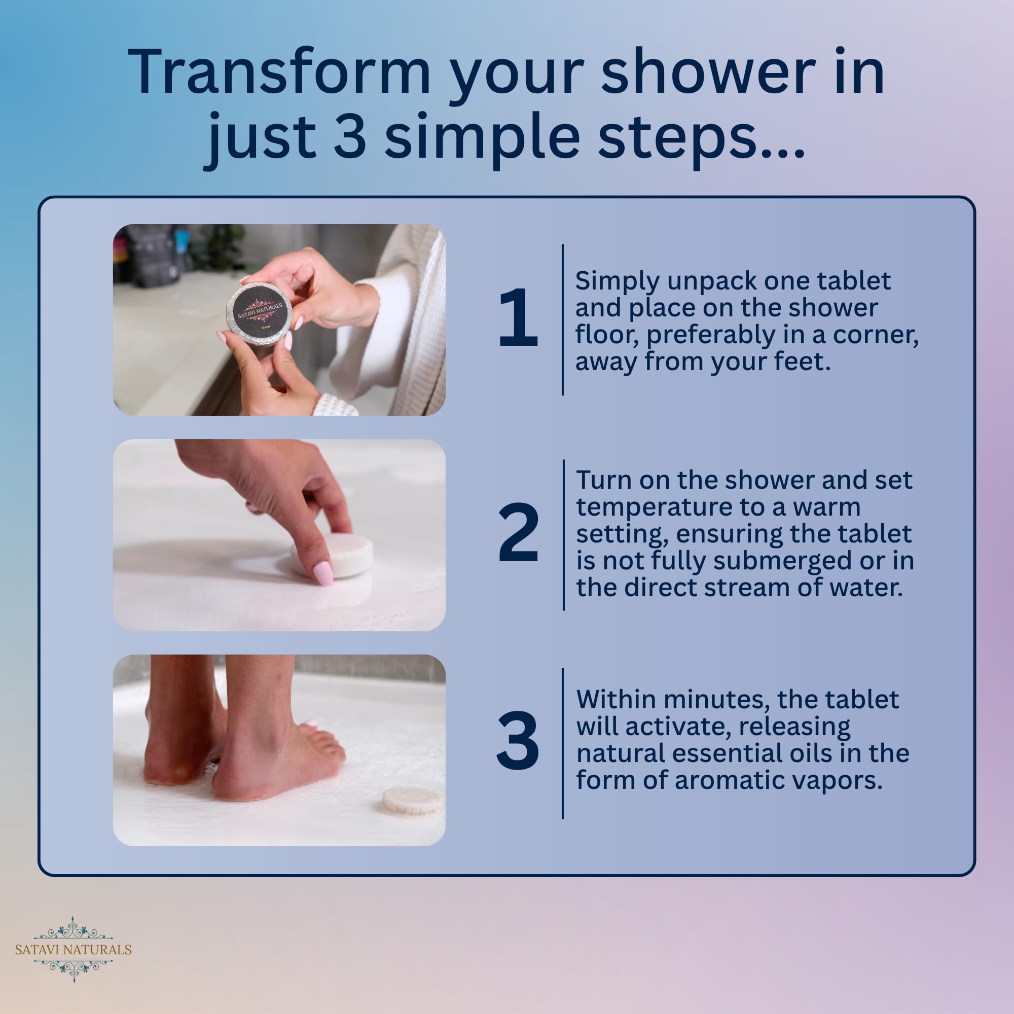 Satavi Naturals in-shower setup shows easy, spa-like stress relief.
