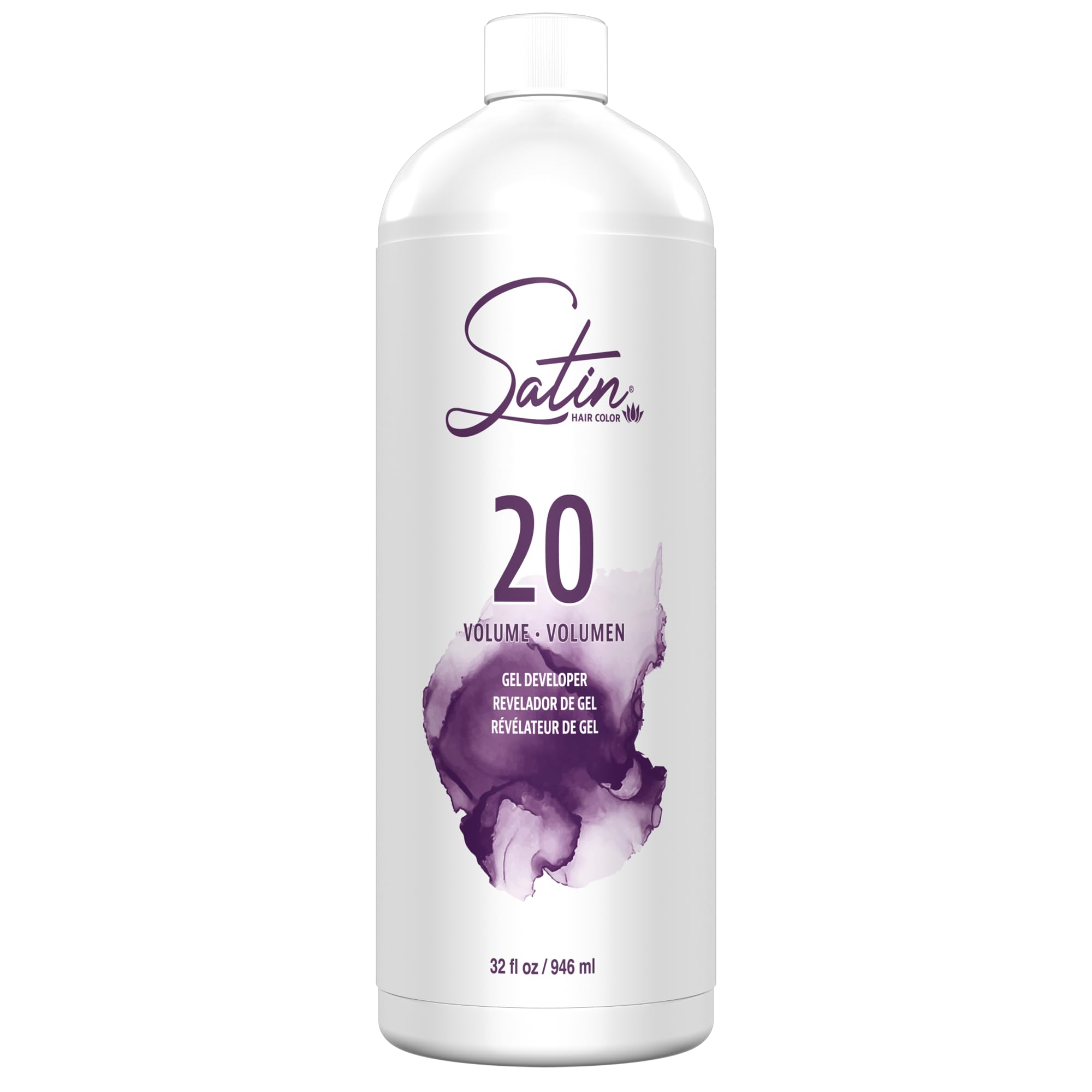 Satin 20 Volume Cream Developer bottle for even lift and vibrant color results.