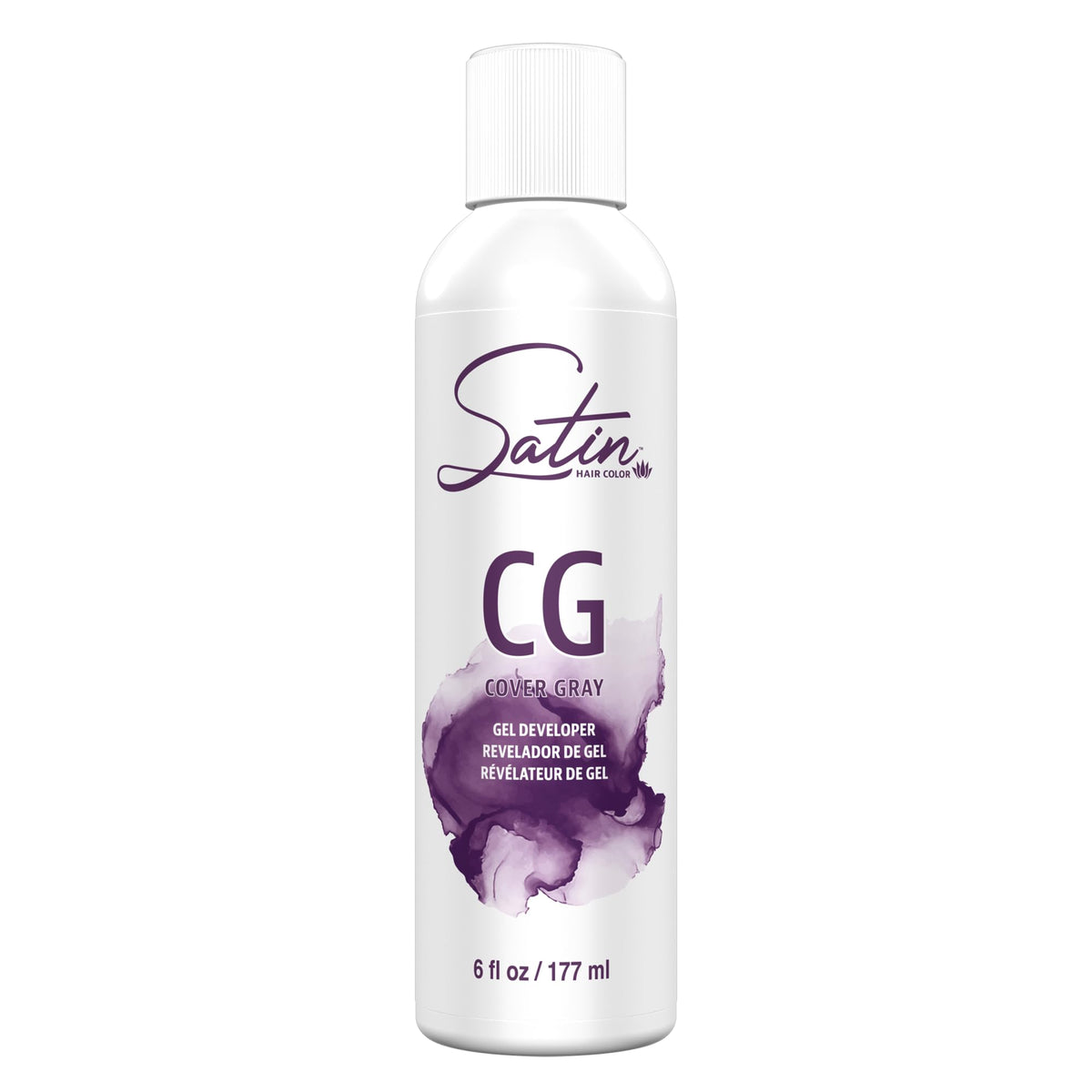 Satin Hair Color Cover Grey Developer bottle pour demonstrates consistent activation for gray coverage.