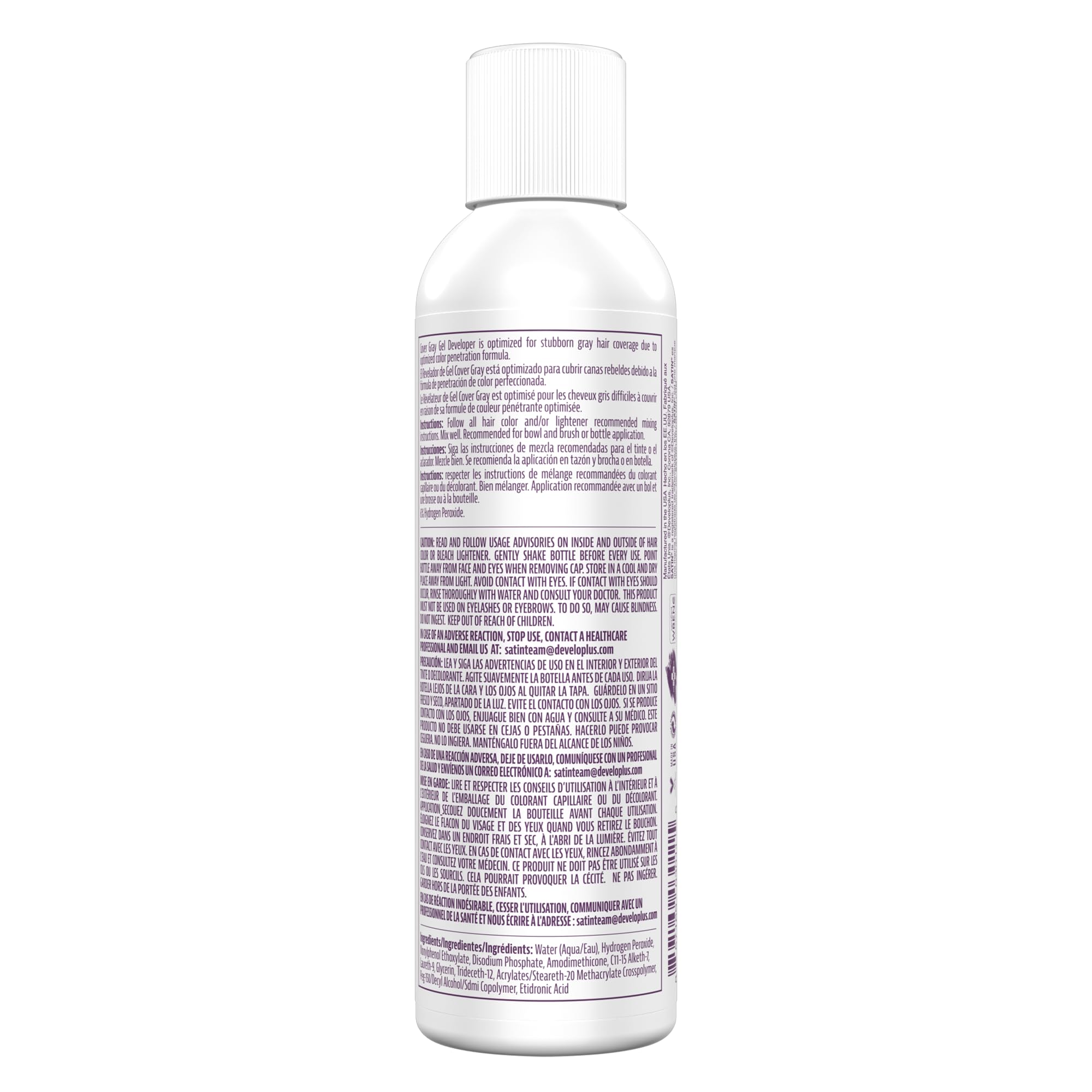 Satin Cover Grey Developer closeup label highlights silicone protective barrier for hair.
