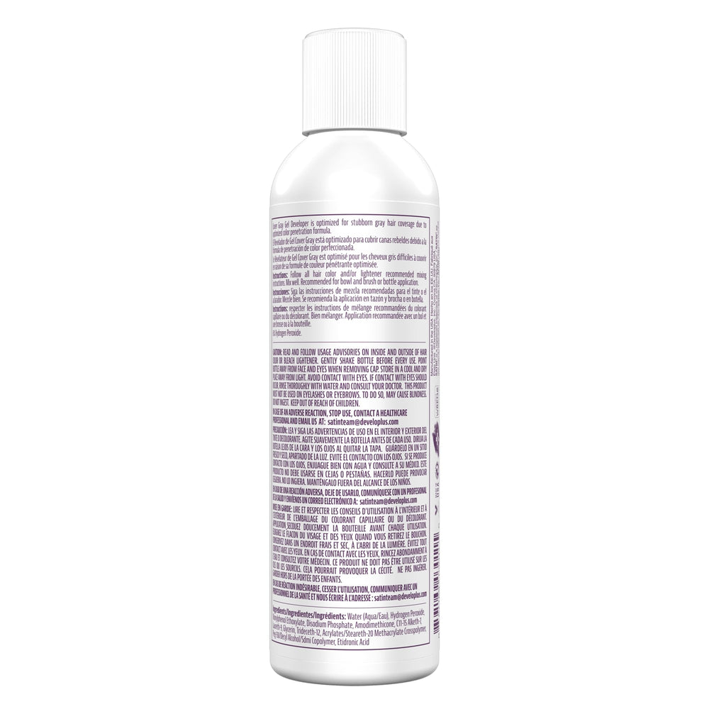 Satin Cover Grey Developer closeup label highlights silicone protective barrier for hair.