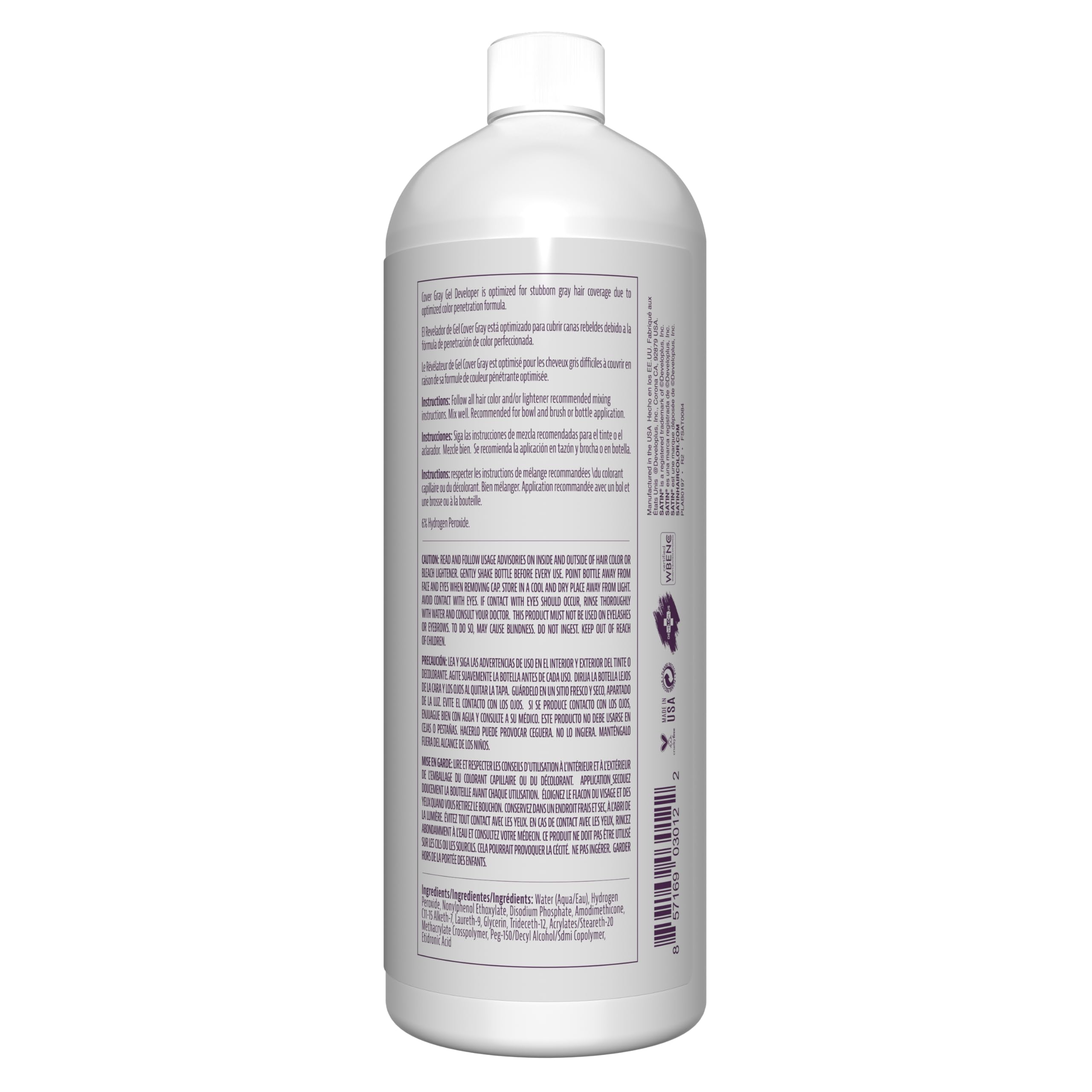Satin silicone-enhanced-developer label highlights slip for easy, even color distribution.