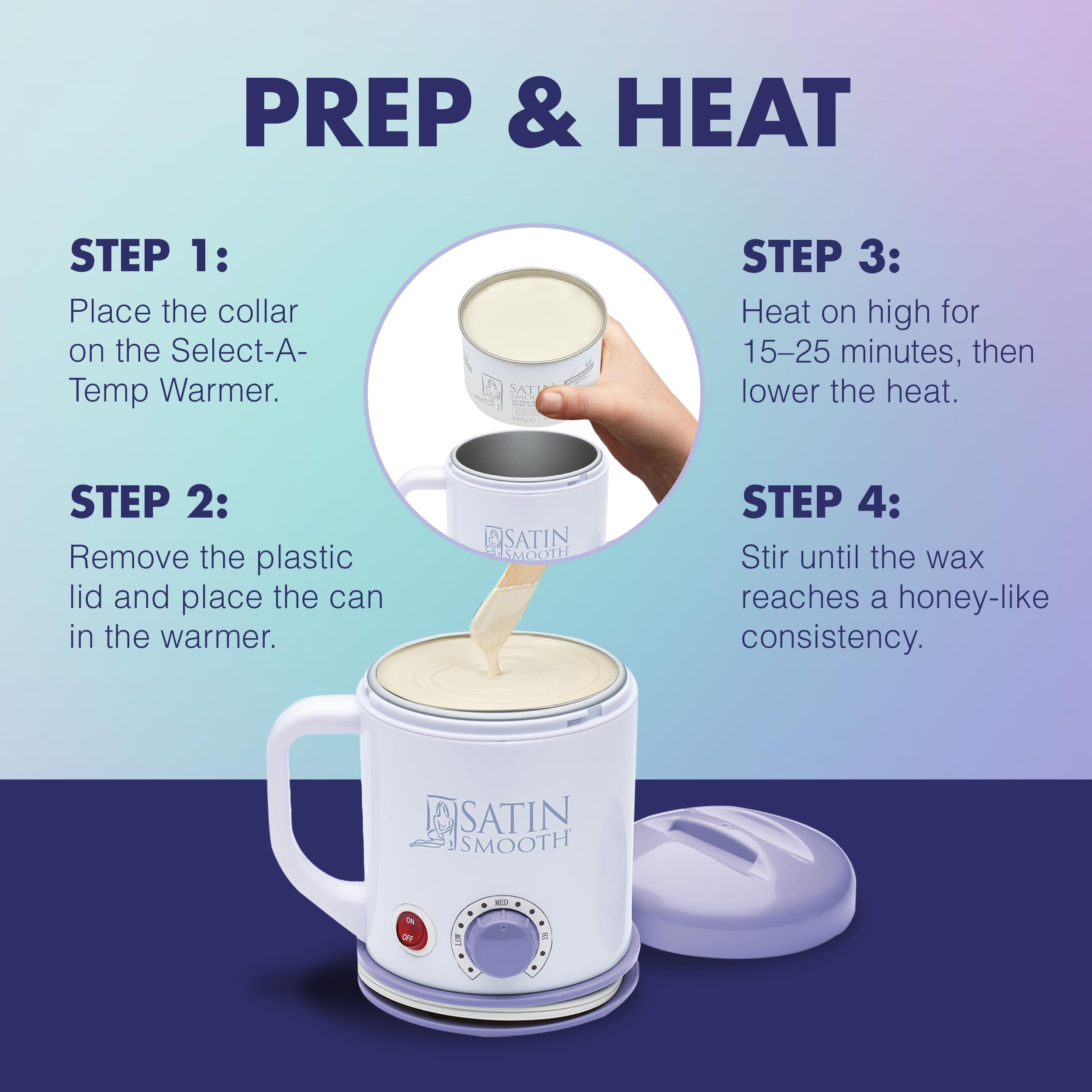 Satin Smooth gentle zinc-oxide wax detail emphasizing sensitive-skin comfort during delicate areas.