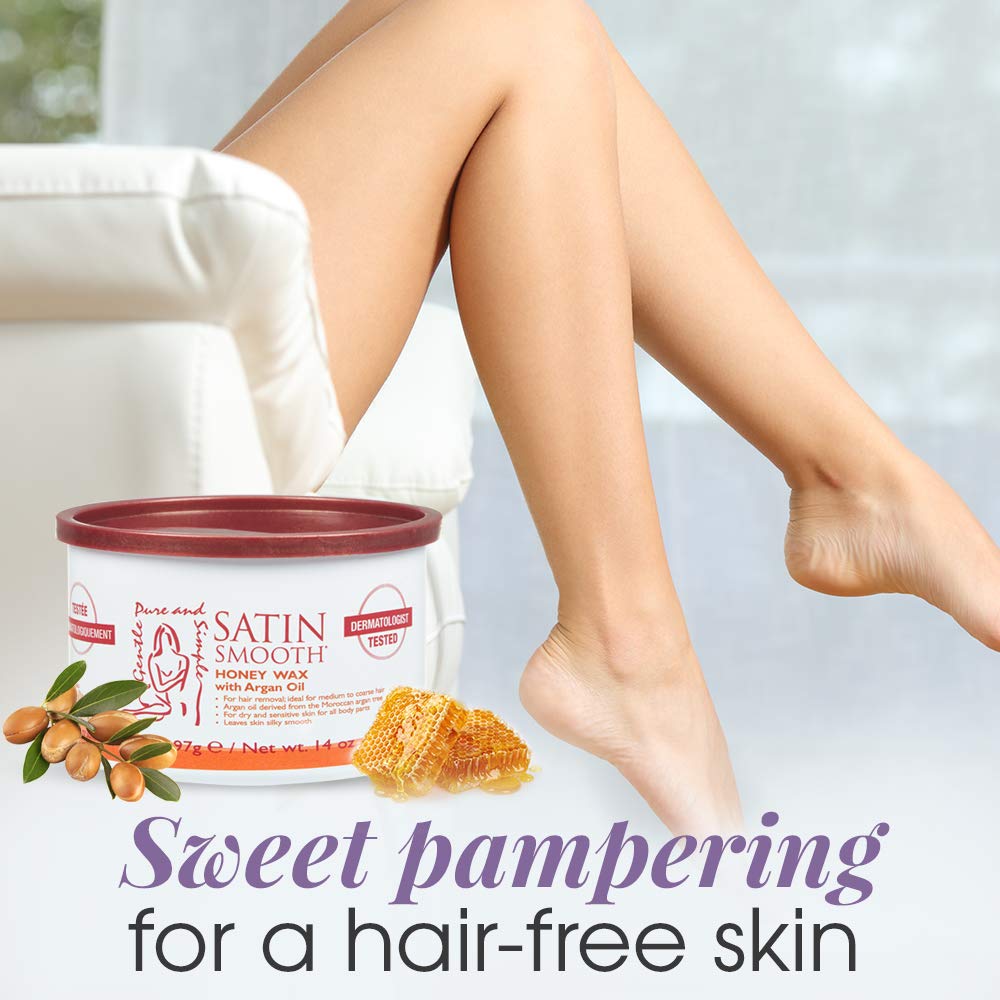 SATIN SMOOTH Honey Wax full-body waxing scene shows versatile use across legs arms and bikini.