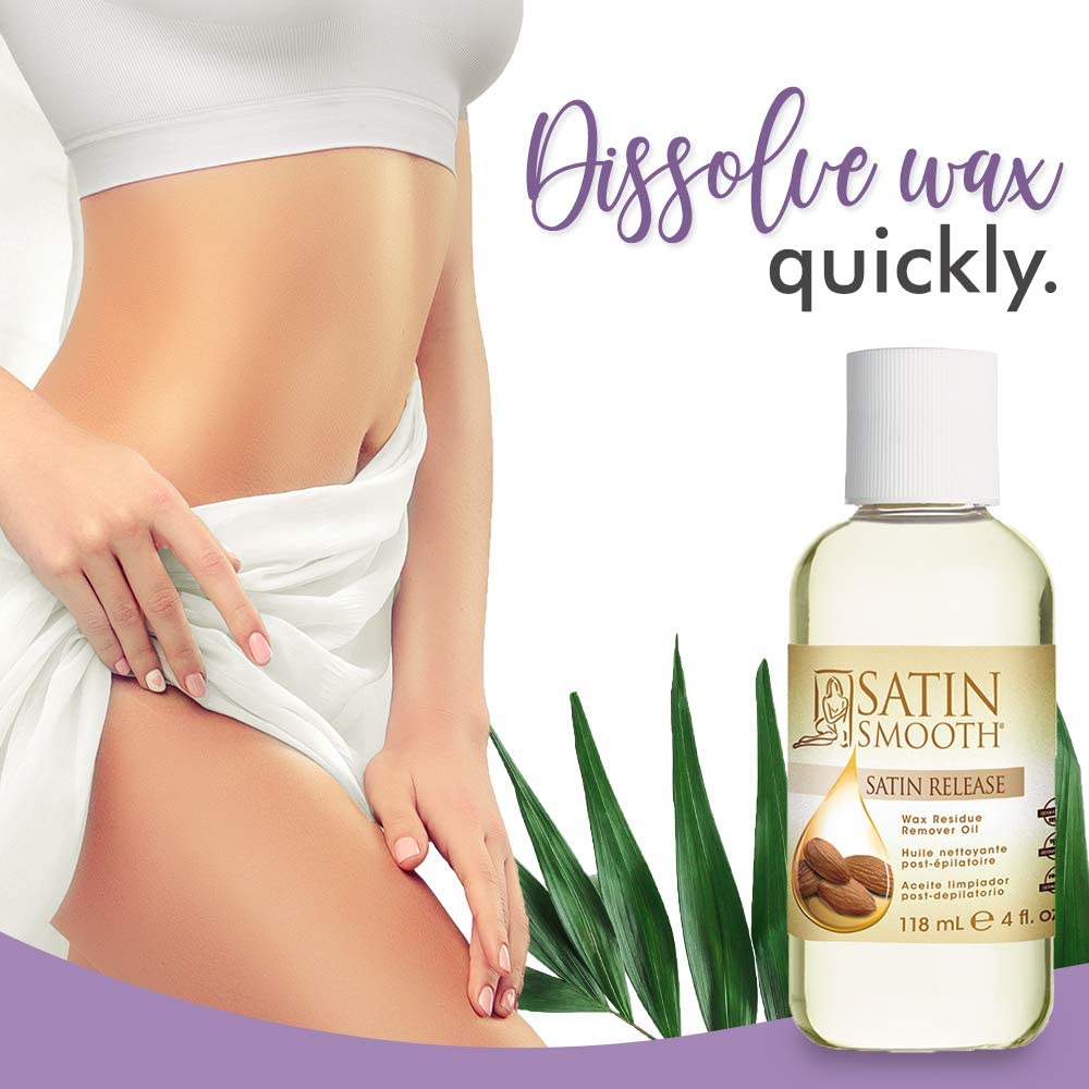 SATIN SMOOTH Release wax residue remover ingredients display: sunflower, wheat germ, almond oils.