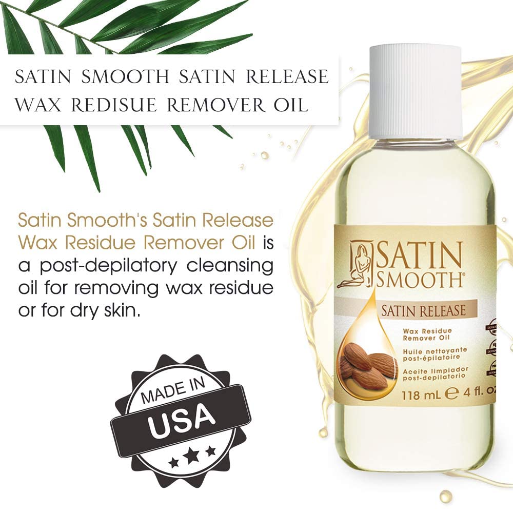 SATIN SMOOTH Release wax residue remover on a counter with waxing tools.