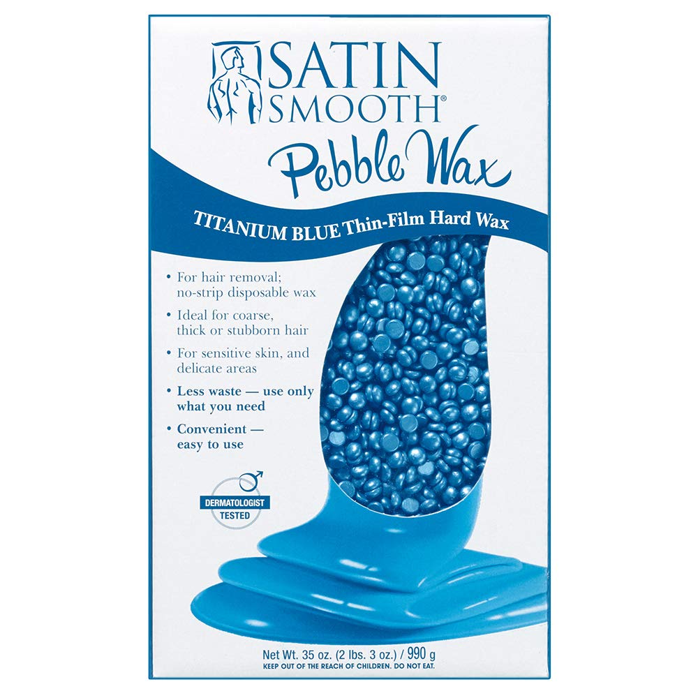 Satin Smooth titanium blue hard wax azulene oil tub closeup showing soothing, hydrating formula for sensitive skin