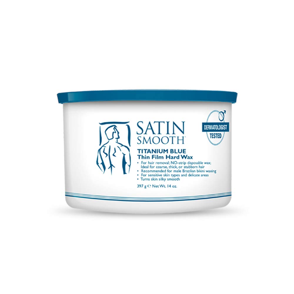 Satin Smooth Titanium Blue wax jar front showing azulene oil for sensitive skin.