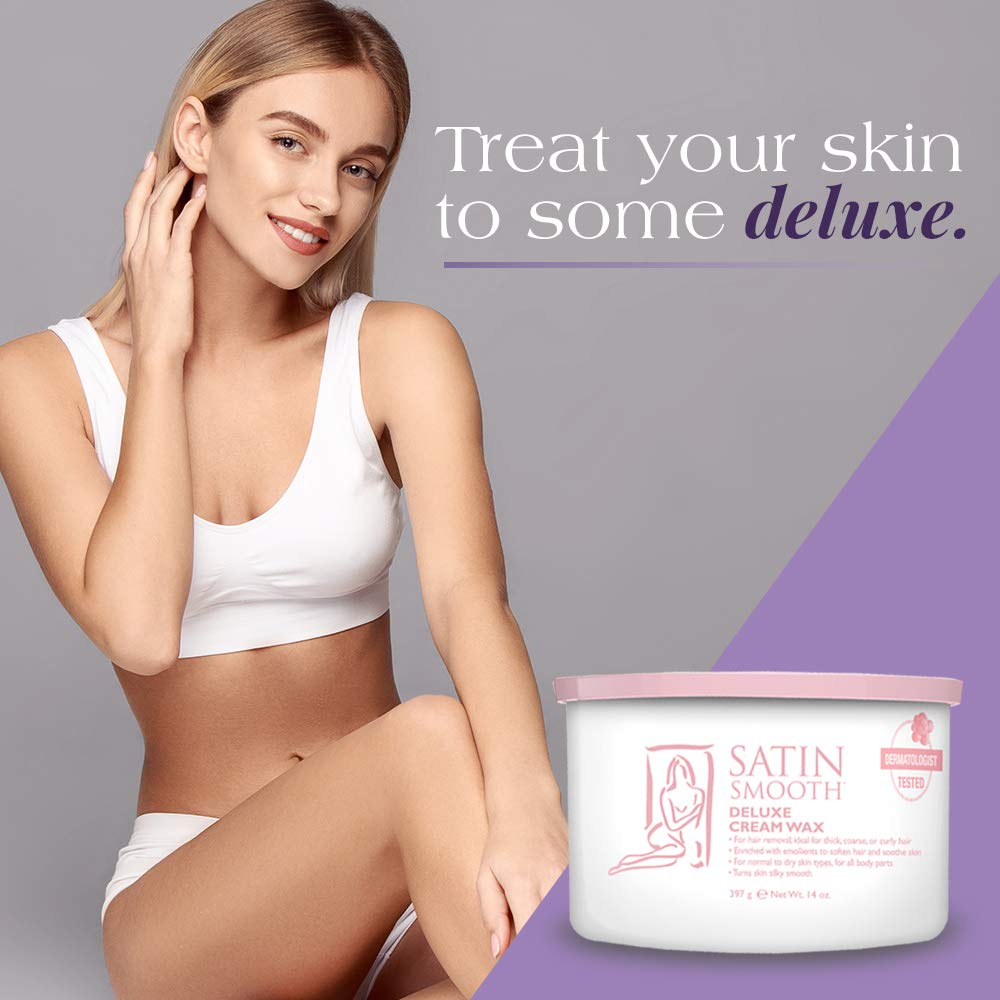 SATIN SMOOTH Deluxe Cream Wax on legs highlighting durability with coarse hair