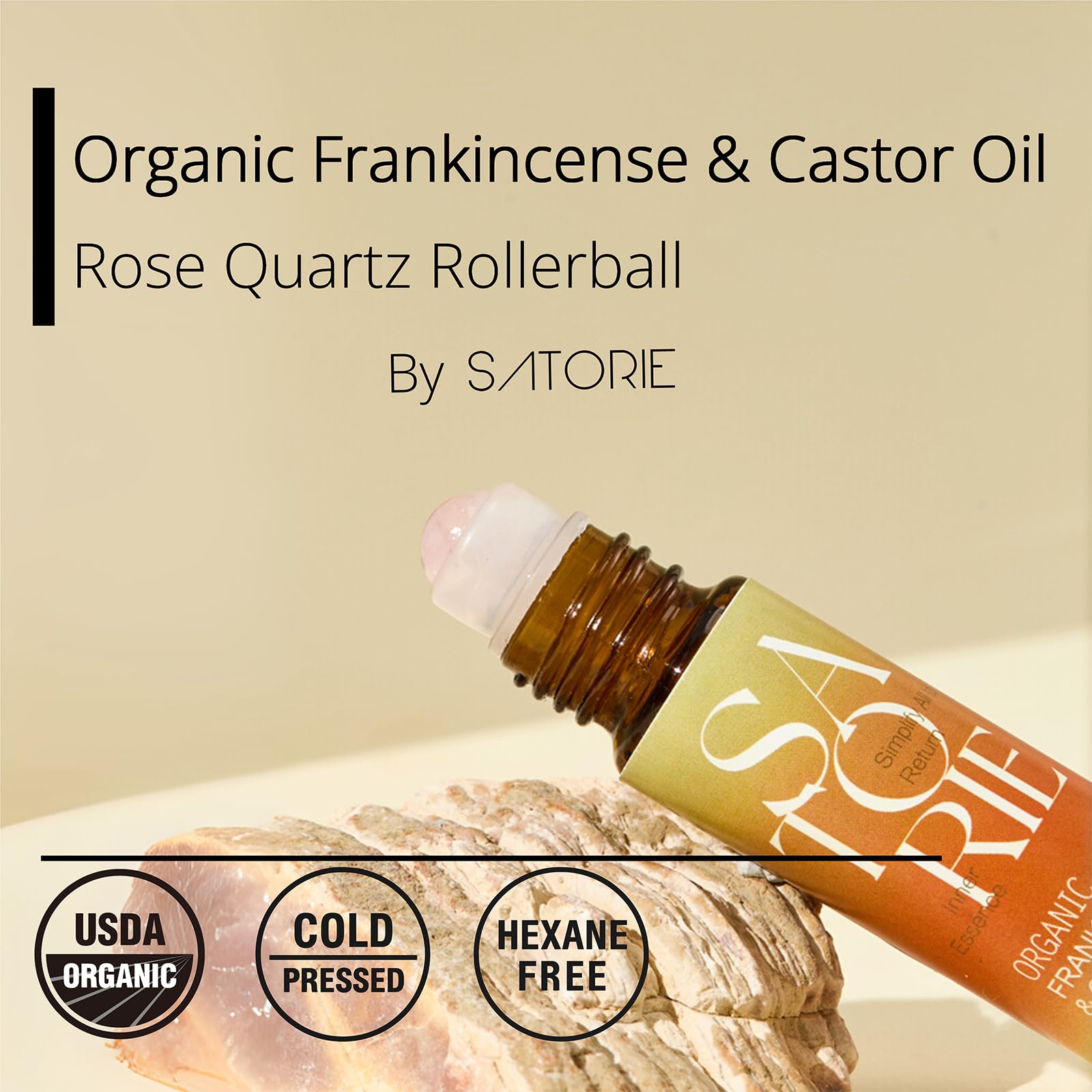 Satorie Organic castor and frankincense bottle showing farm-to-bottle formula.