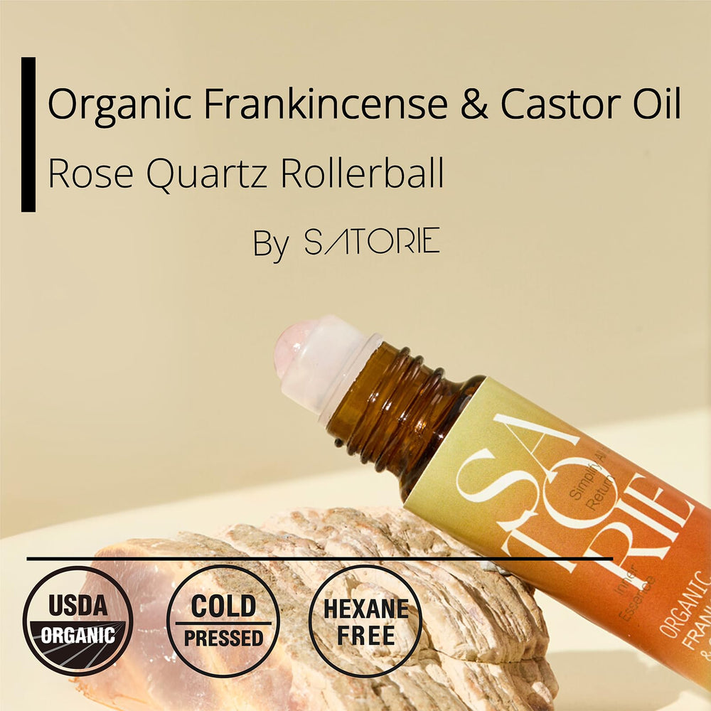 Satorie Organic castor and frankincense bottle showing farm-to-bottle formula.