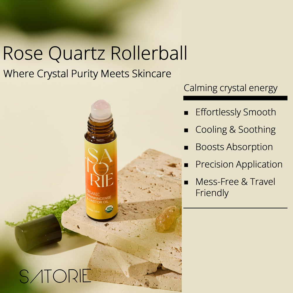 Satorie Rose quartz rollerball close-up for soothing facial massage.