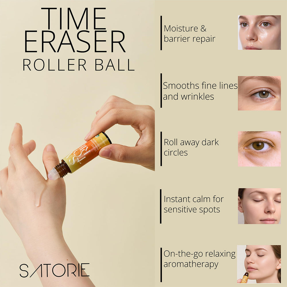 Satorie Under-eye care rollerball applying targeted nourishment.