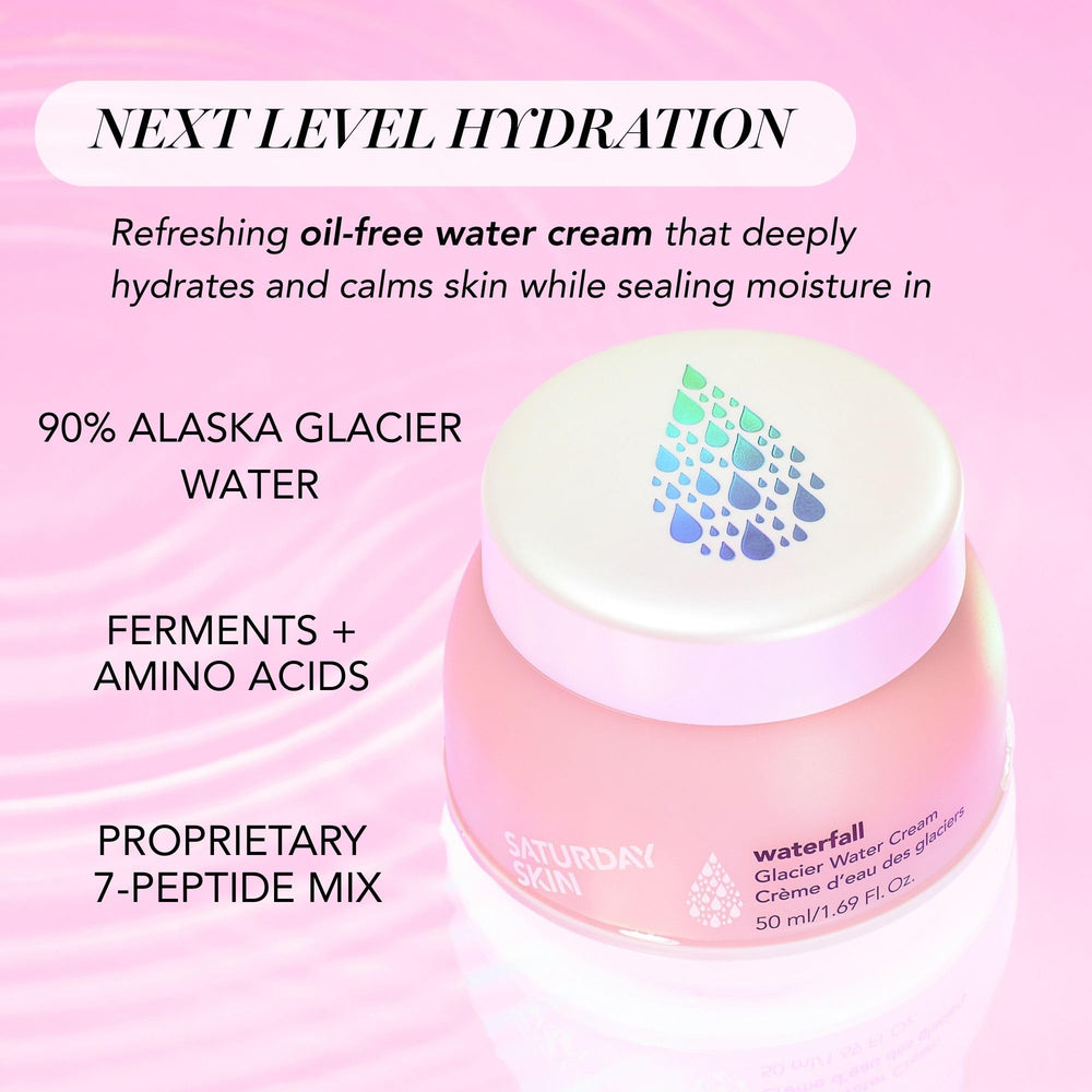 Saturday Skin Alaska Glacier Water bottle highlights mineral-rich hydration for lasting moisture
