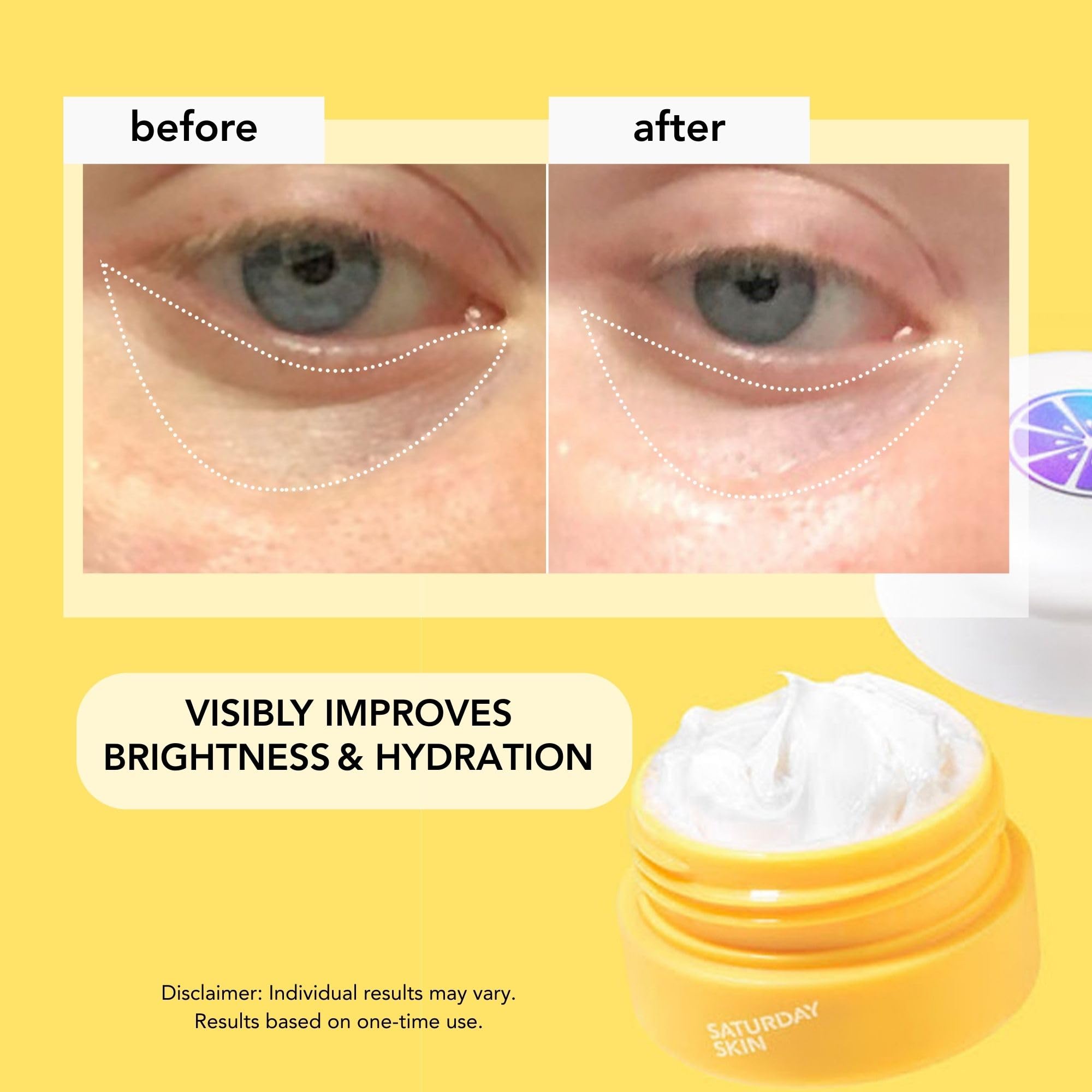 Yuzu extract and vitamin C-rich formula highlighted for brightening around the eyes.