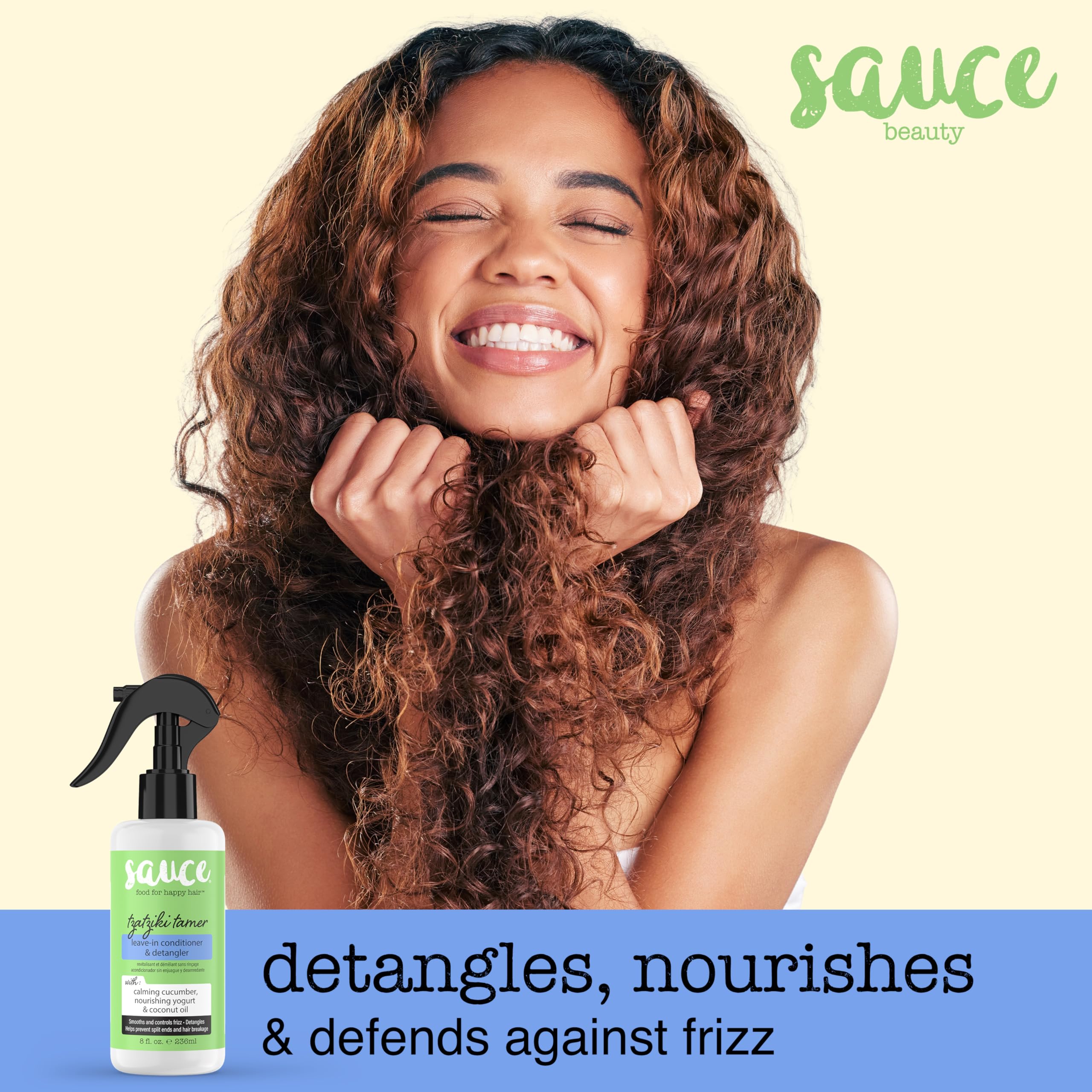 SAUCE BEAUTY detangler spray on curls detangles with lightweight nourishment.