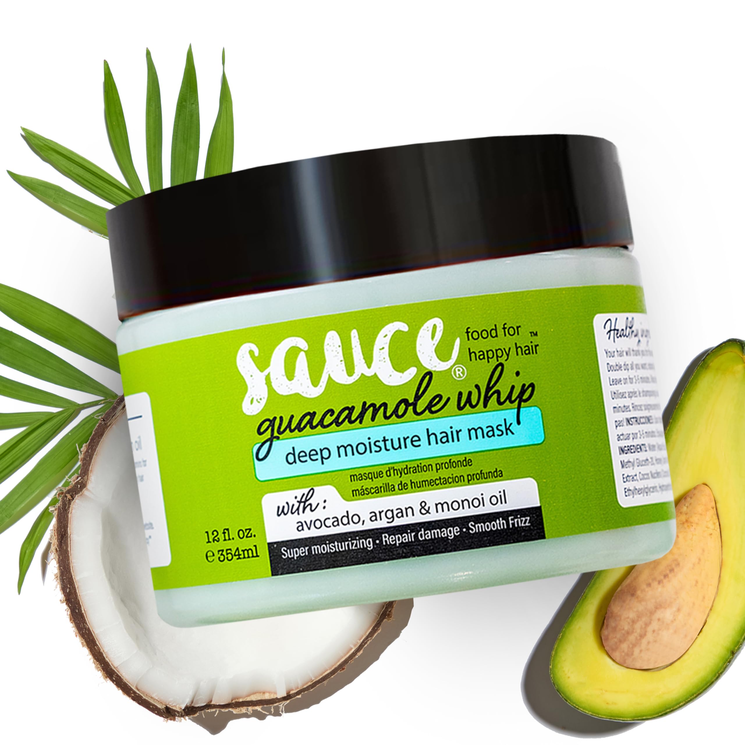 Sauce Beauty Guacamole Whip bottle close-up, rich conditioning for all hair types.