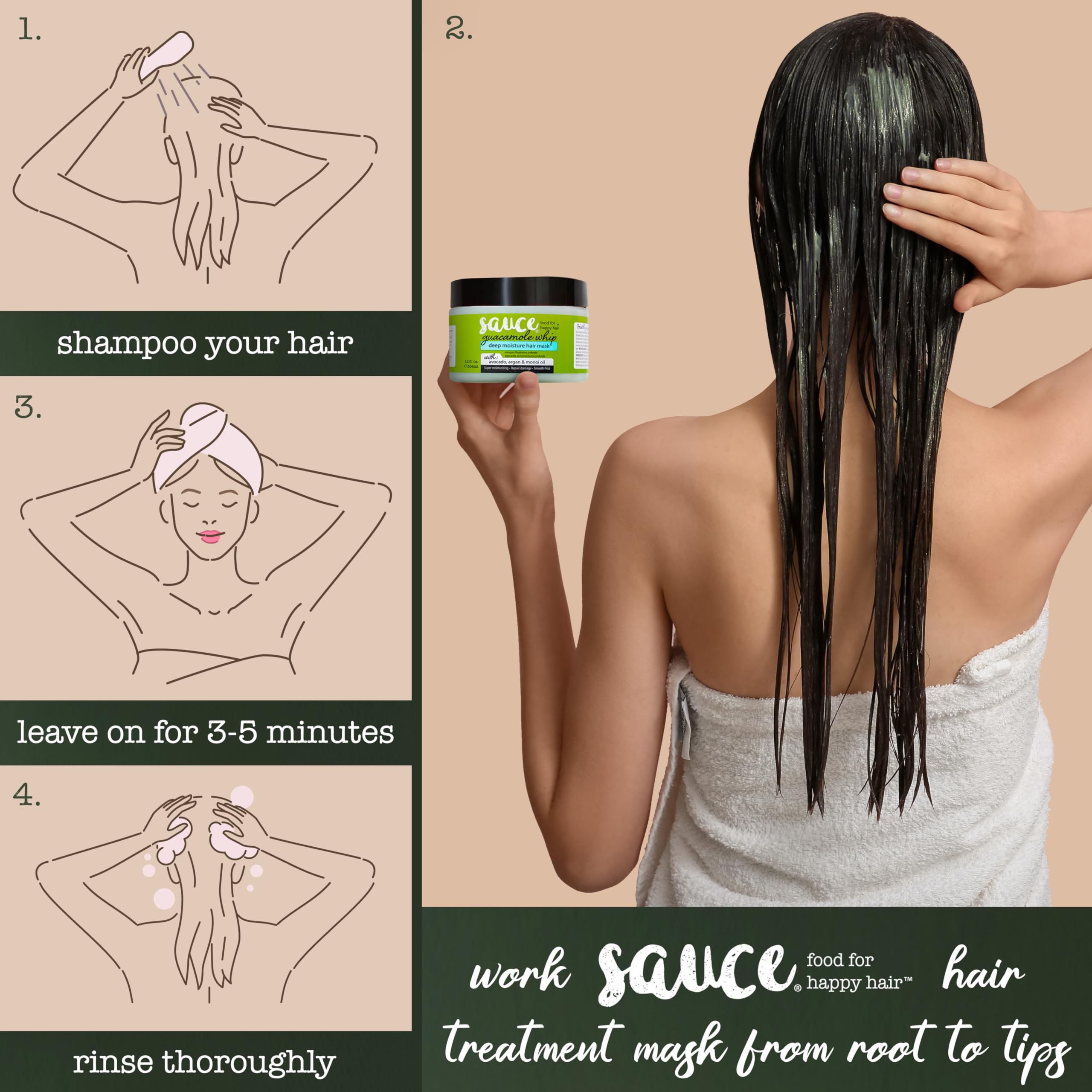 Before-and-after scene: frizzy hair transformed to smooth with Guacamole Whip.