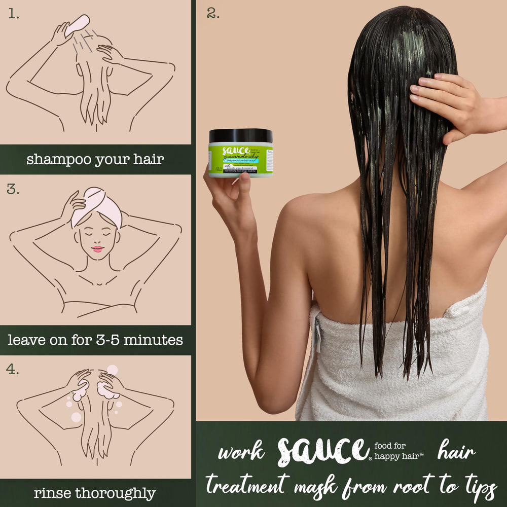 Before-and-after scene: frizzy hair transformed to smooth with Guacamole Whip.