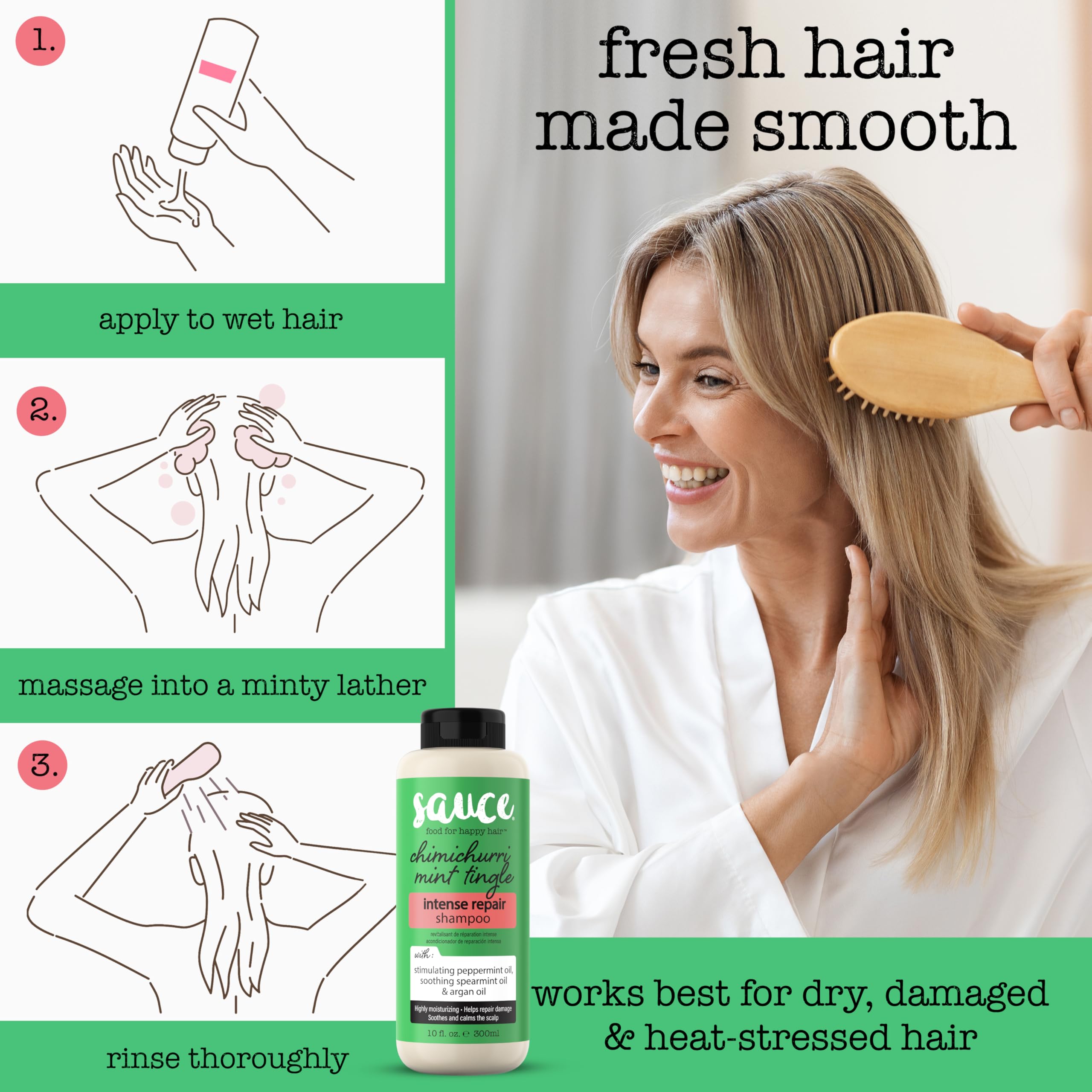 Sauce Beauty Intense Repair Shampoo damaged-hair care close-up signals revitalizing formula