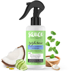 SAUCE BEAUTY tzatziki leave-in bottle for smooth detangling and frizz control.