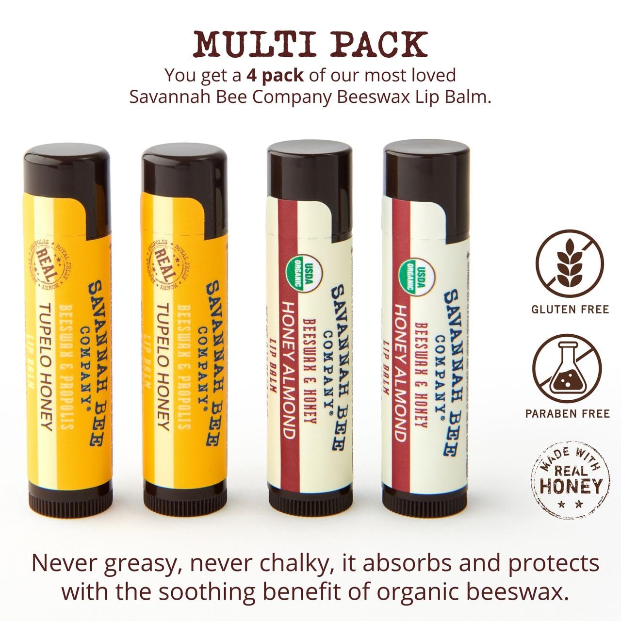 Savannah Bee Collection lip balm Honey Almond tube highlights soothing flavor and everyday comfort.