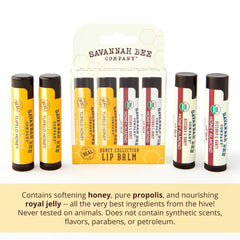 Savannah Bee Collection lip balm packaging box showcases premium lip care and gift-ready design.