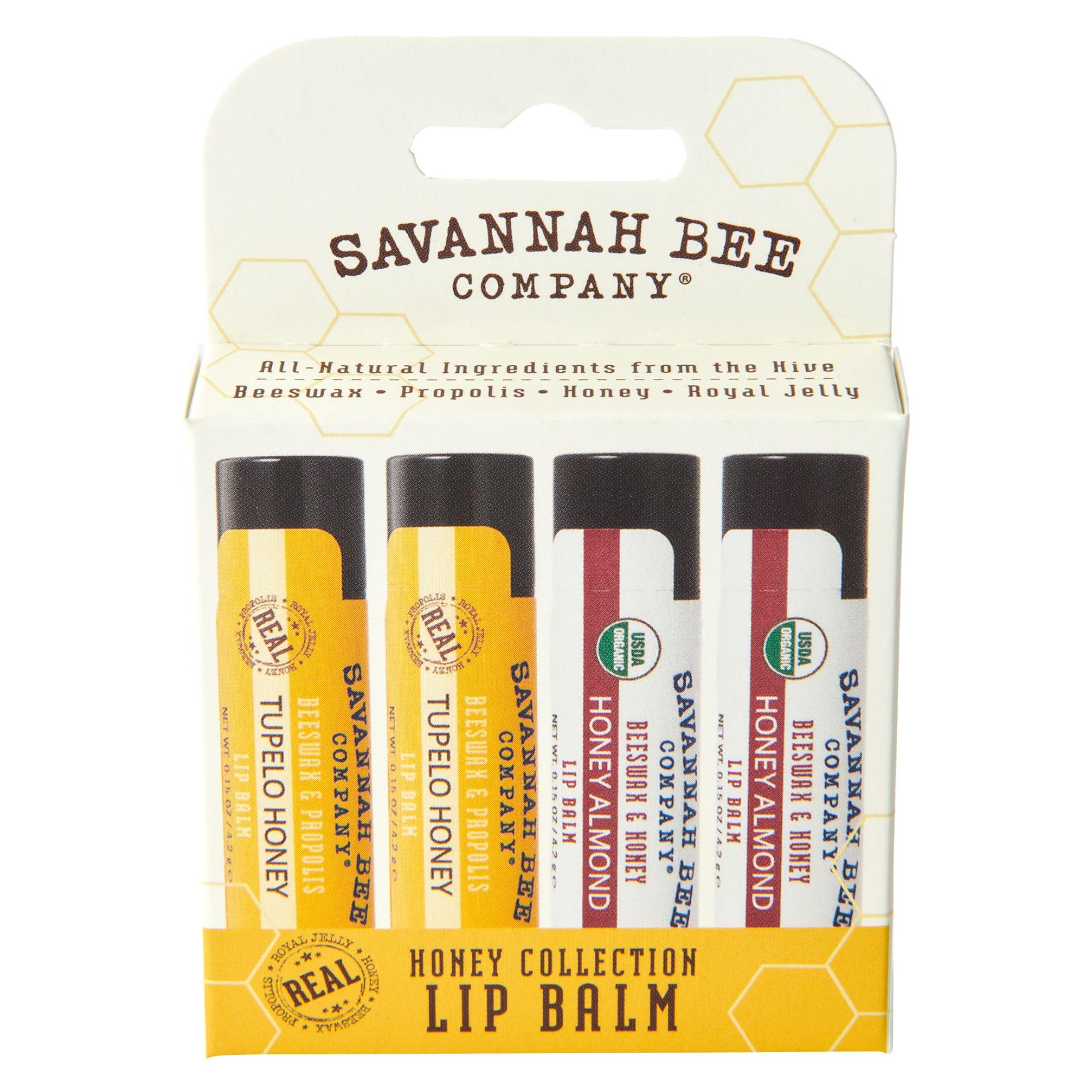 Savannah Bee Collection lip balm Tupelo Honey tube demonstrates moisture-rich formula for all-day hydration.