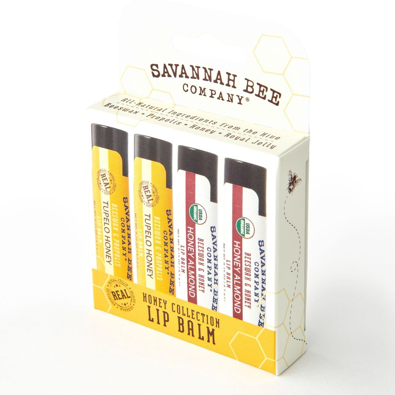 Savannah Bee lip balm assortment on counter emphasizes versatile flavors and all-day comfort.