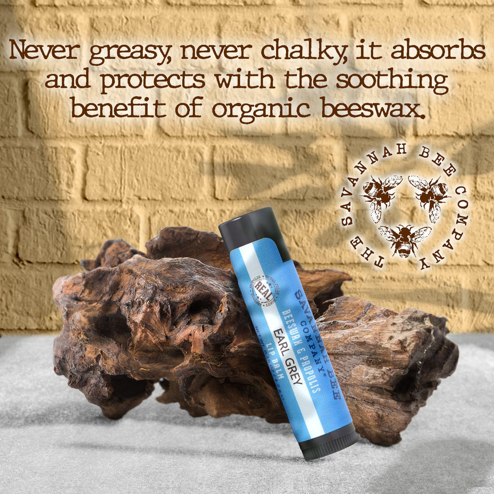 Savannah Bee Company lip balm packaging showcases organic ingredients and natural care.