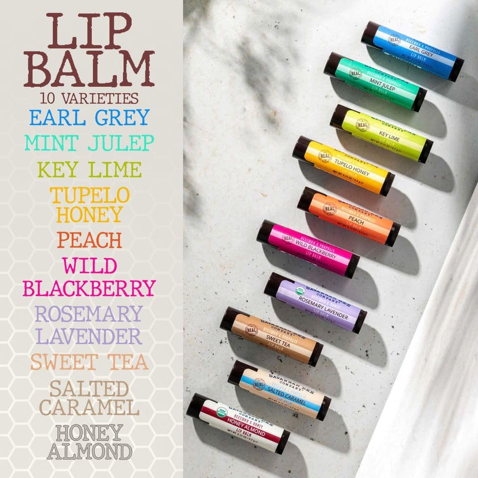 Savannah Bee Company lip balm on lips suggests lasting comfort and sheen.