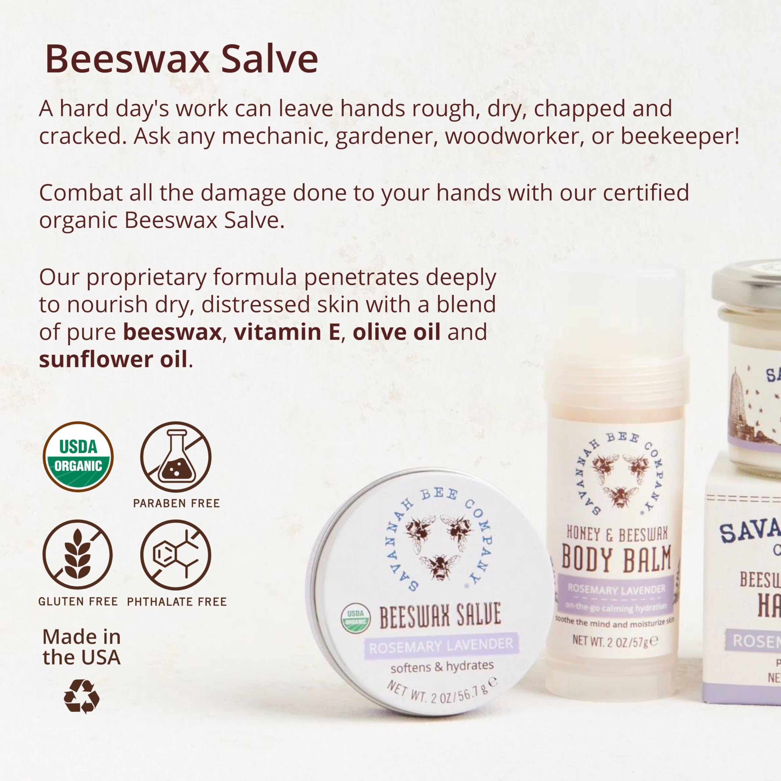 Savannah Bee Original Beeswax Salve quick-absorbing formula for non-greasy skin care.