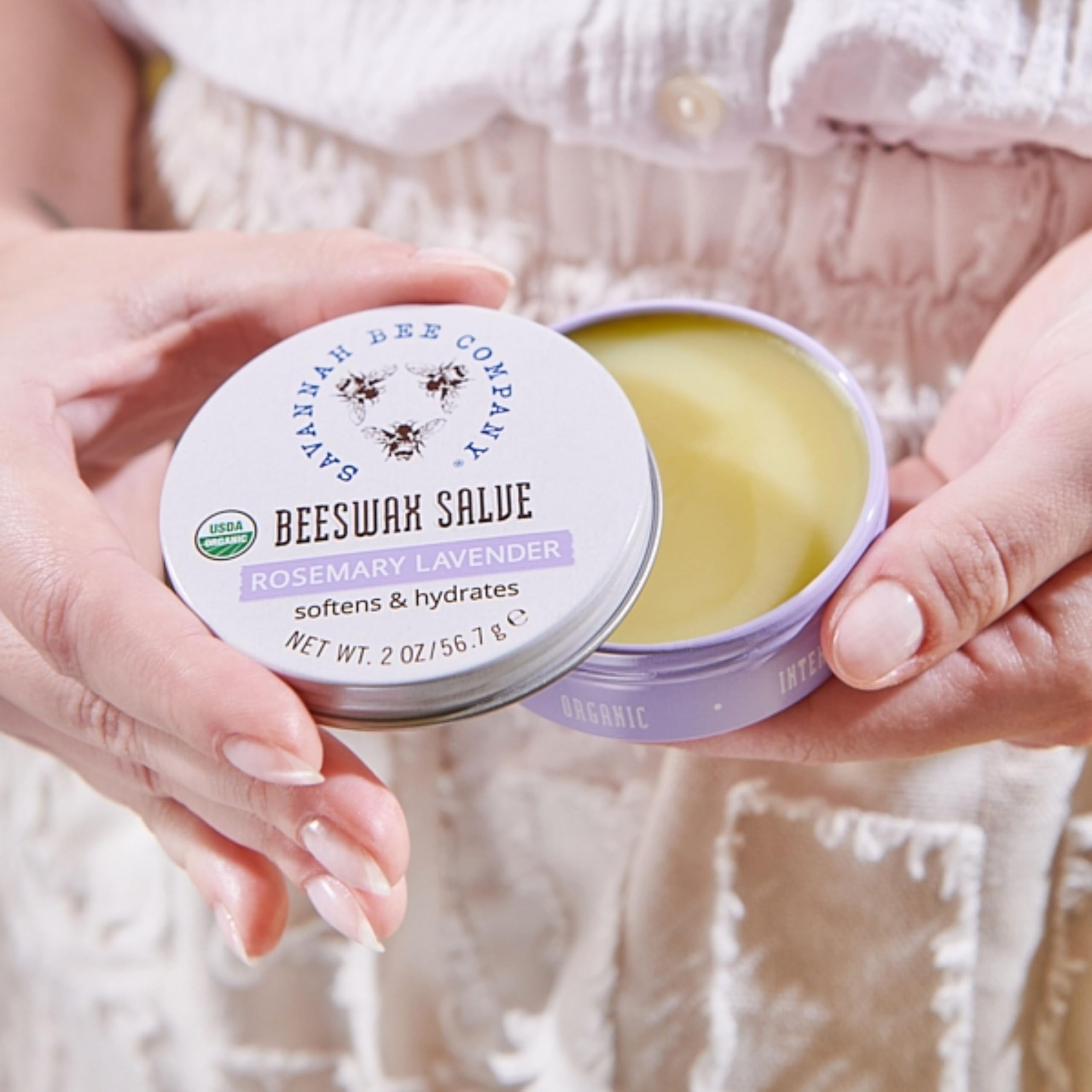 Savannah Bee Original Beeswax Salve with rosemary lavender fragrance and citrus essential oils.
