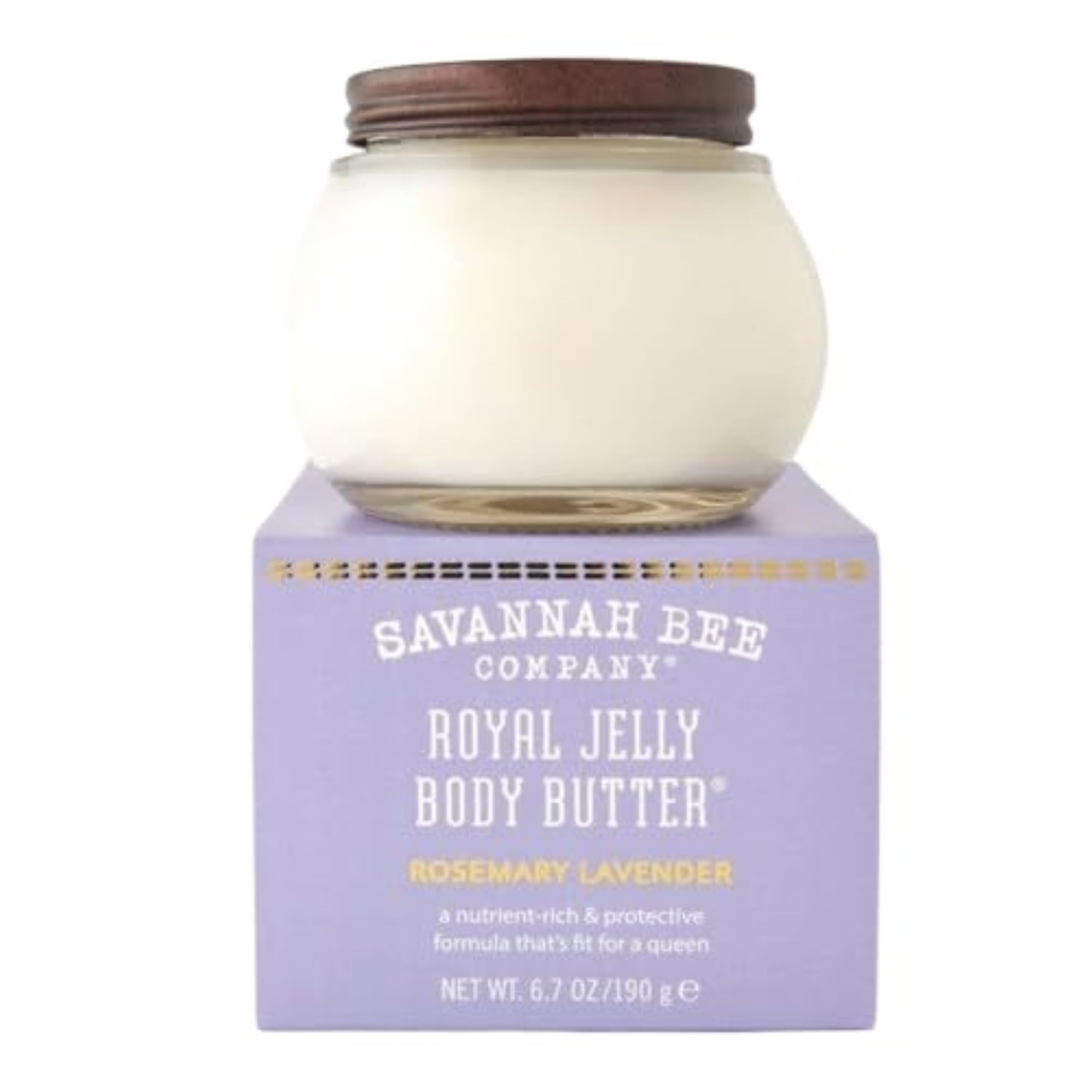 Savannah Bee Royal Jelly Body Butter jar with rosemary-lavender for deep hydration.
