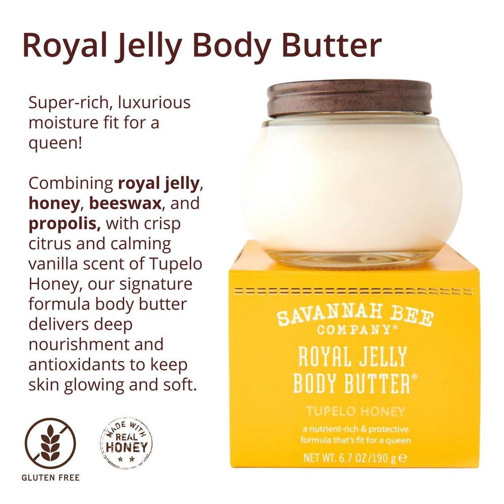 Honey and propolis rich ingredients showcased in Savannah Bee body butter bottle