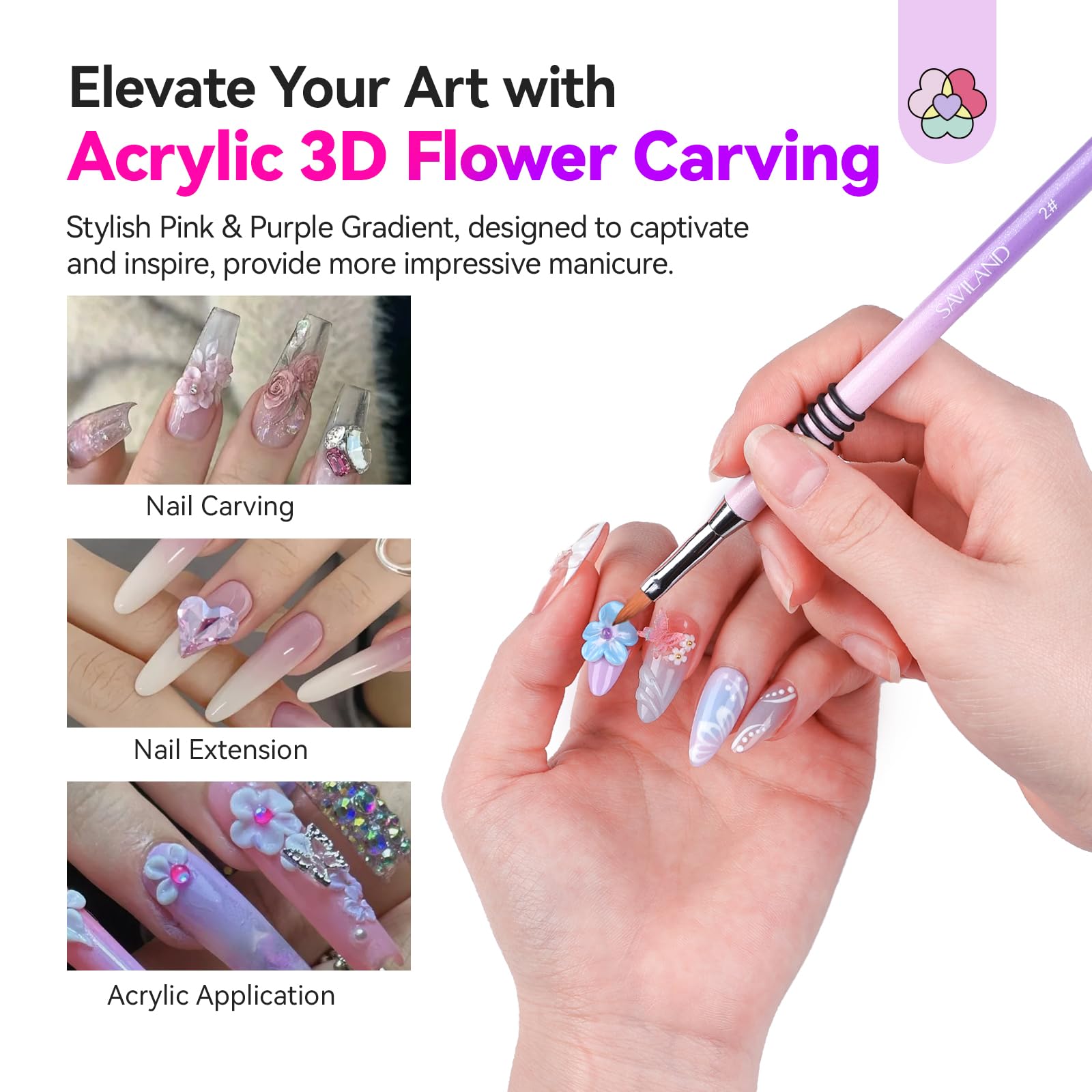 SAVILAND 3D acrylic nail brush purple-pink gradient handle for comfortable grip