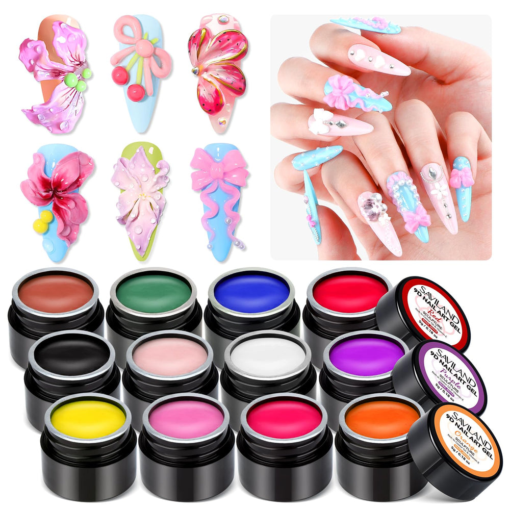 SAVILAND 3D Nail Gel Set with 12 colors swatches supports DIY nail art creativity