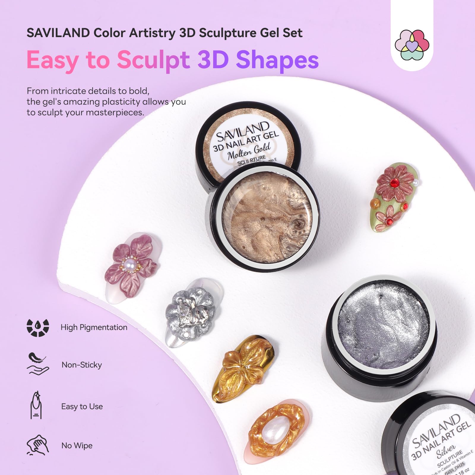 SAVILAND 3D Sculpture Gel color swatch showcases vibrant metallic finishes for custom designs.