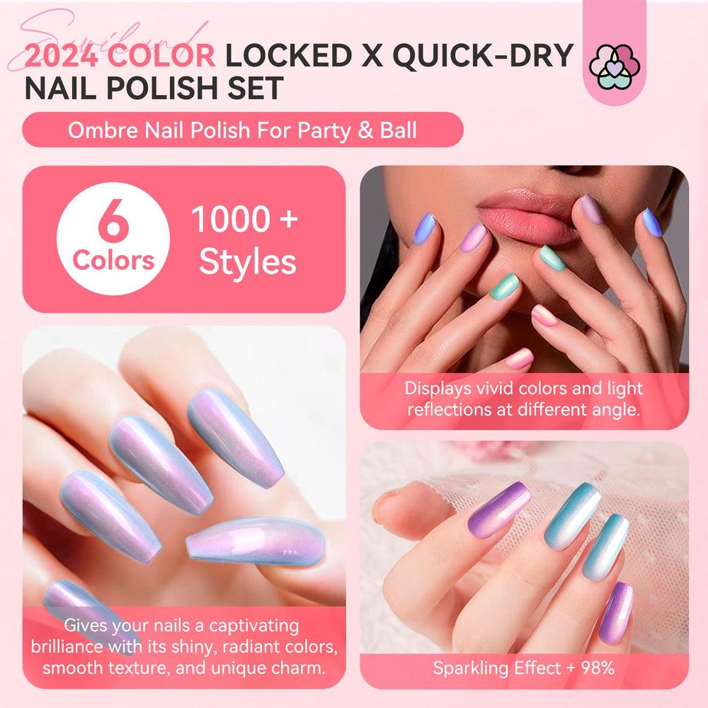 SAVILAND 6pc ombre nail polish color swatches highlight saturated pink, blue, gold, purple shades.