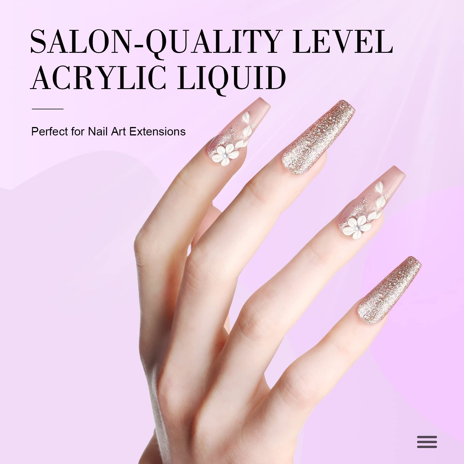 Saviland acrylic liquid bottle pour action demonstrates smooth mixing for nails.