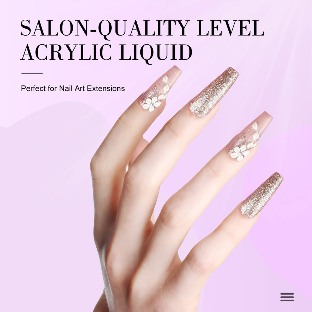 Saviland acrylic liquid bottle pour action demonstrates smooth mixing for nails.
