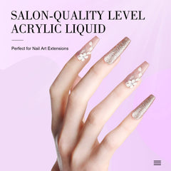 Saviland acrylic liquid bottle pour action demonstrates smooth mixing for nails.