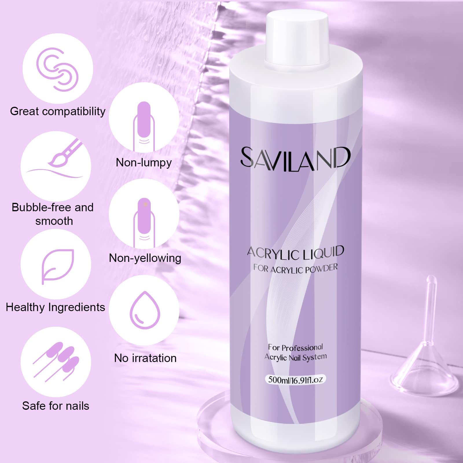 Saviland acrylic liquid vegan cruelty-free label supports safe nail use.