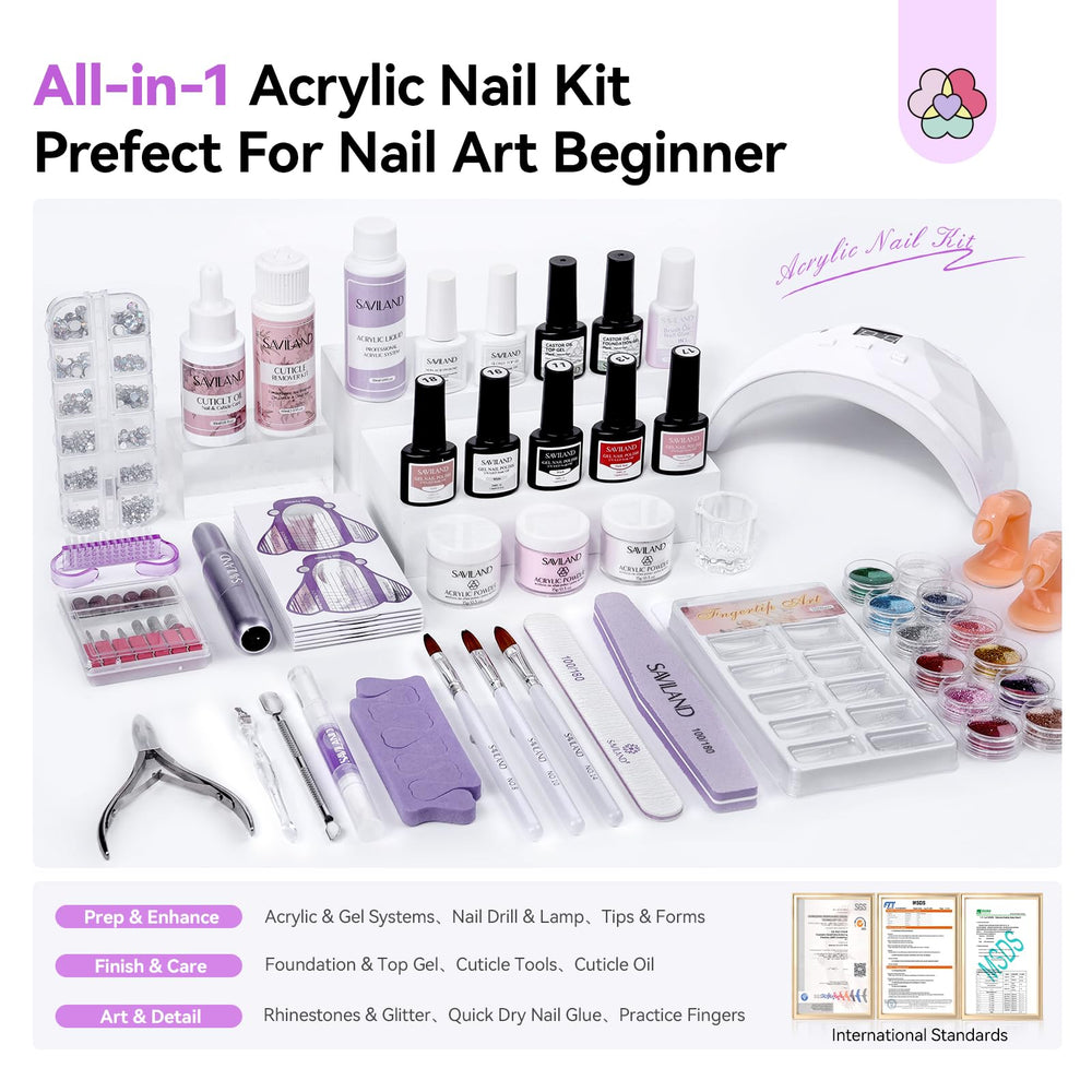 SAVILAND acrylic nail kit with 3-color powders enables versatile, long-lasting nail designs