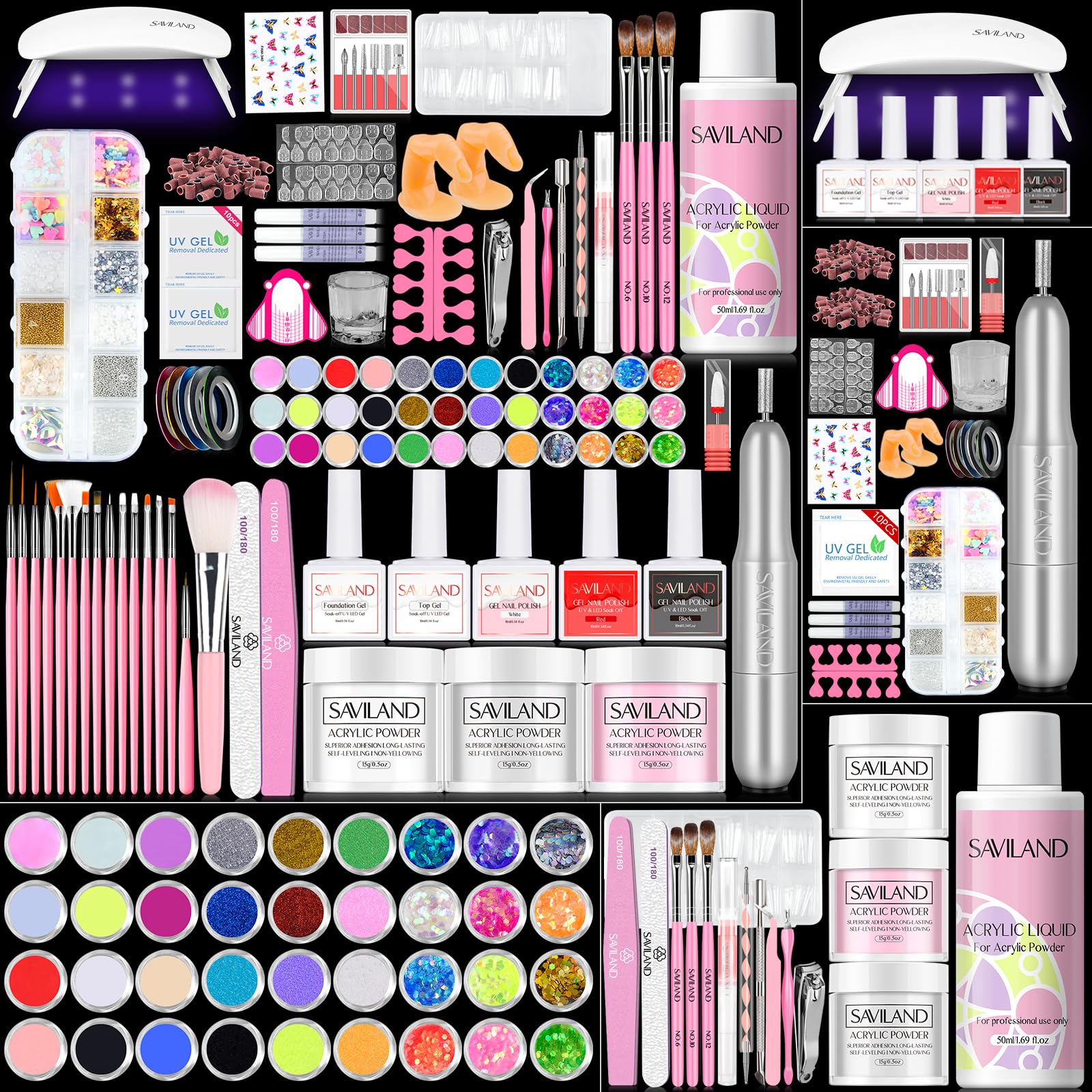 SAVILAND acrylic nail kit contents for an at-home salon setup and practice
