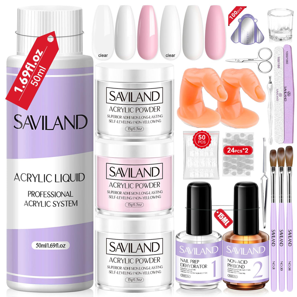 SAVILAND acrylic nail kit contents show a beginner-friendly home manicure setup.