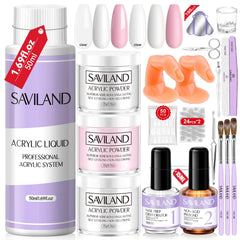 SAVILAND acrylic nail kit contents show a beginner-friendly home manicure setup.