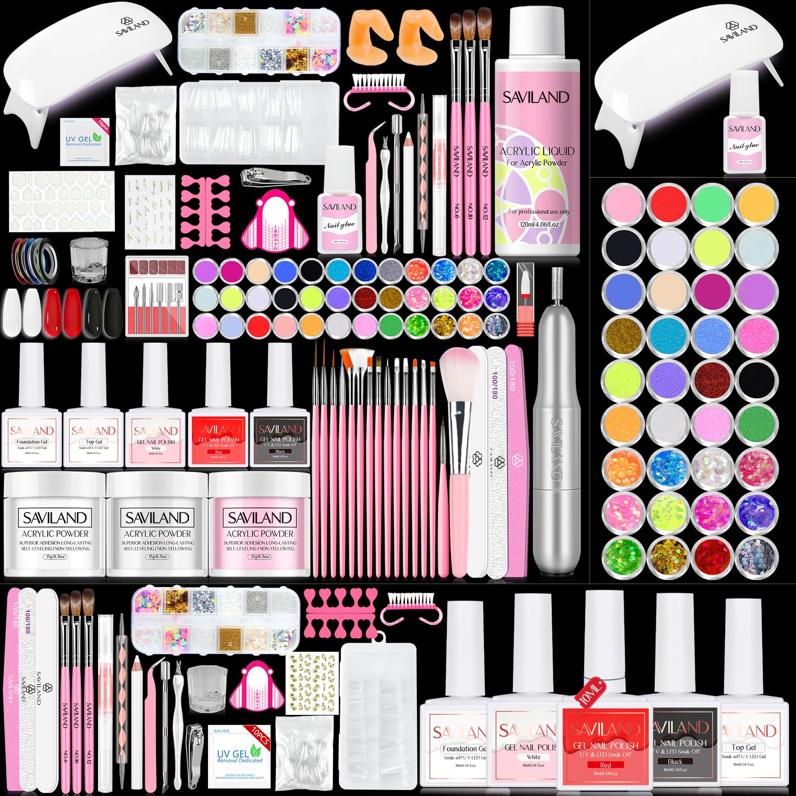 SAVILAND acrylic nail kit contents shown for at-home practice