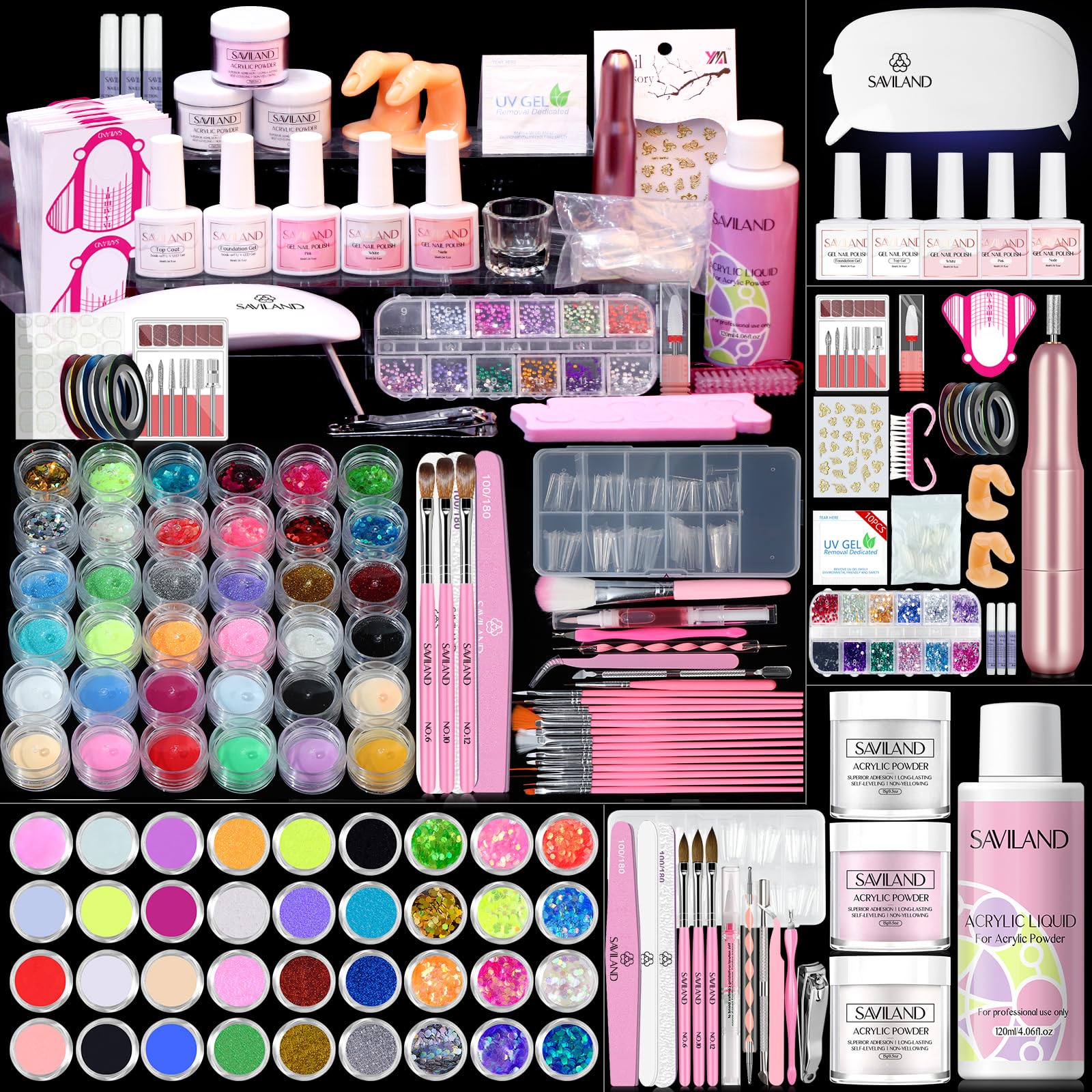 SAVILAND acrylic nail kit front view highlights an all-in-one DIY nail setup.