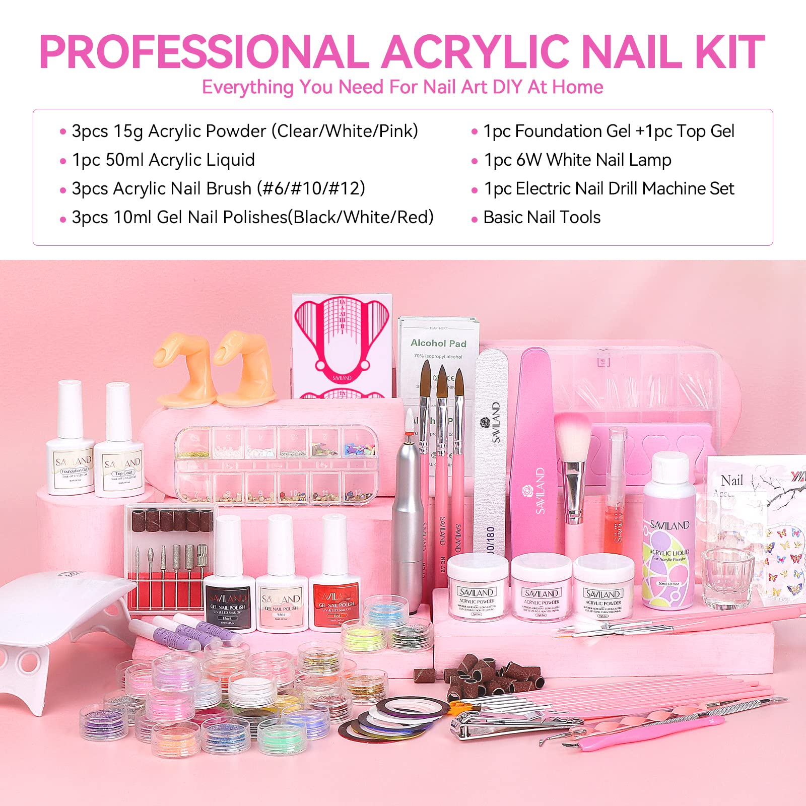SAVILAND acrylic powder collection in clear pink white for versatile nail art